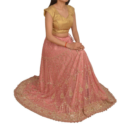 Sanskriti Vintage Long Skirt Net Mesh Pink Hand Bead Zari Dabka Stitched Lehenga