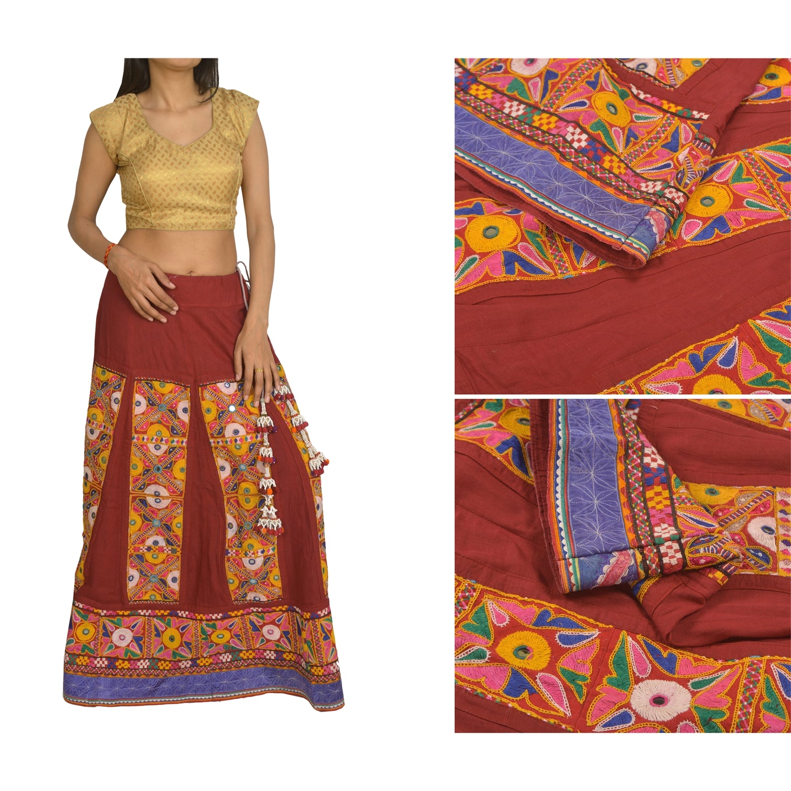 Sanskriti Vintage Red 100% Pure Cotton Skirt Stitched Handmade Kutch Work Gujrat