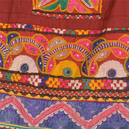 Sanskriti Vintage Red 100% Pure Cotton Skirt Stitched Handmade Kutch Work Gujrat