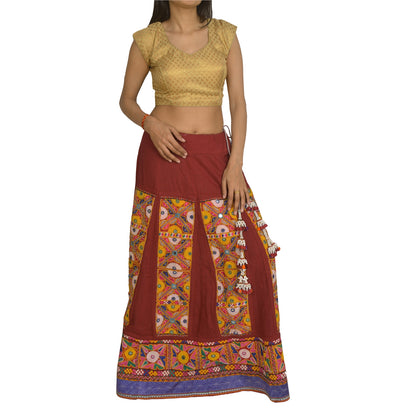 Sanskriti Vintage Red 100% Pure Cotton Skirt Stitched Handmade Kutch Work Gujrat