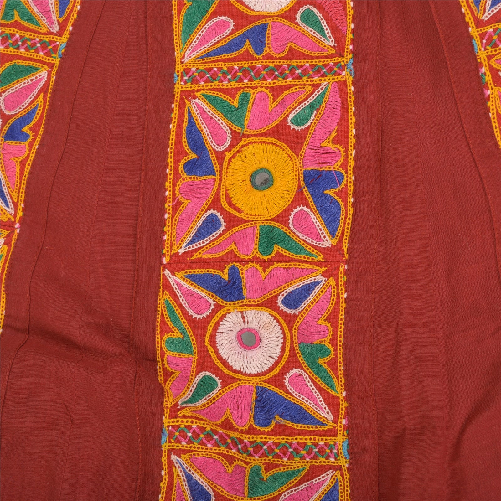 Sanskriti Vintage Red 100% Pure Cotton Skirt Stitched Handmade Kutch Work Gujrat