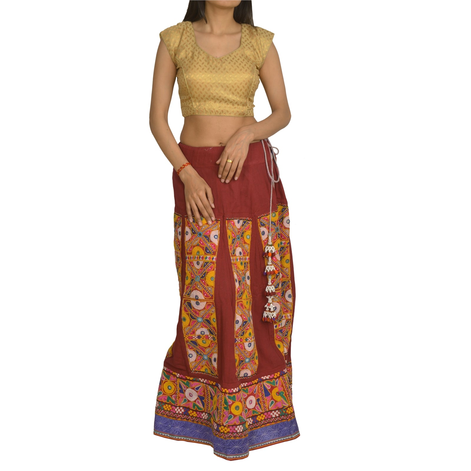 Sanskriti Vintage Red 100% Pure Cotton Skirt Stitched Handmade Kutch Work Gujrat