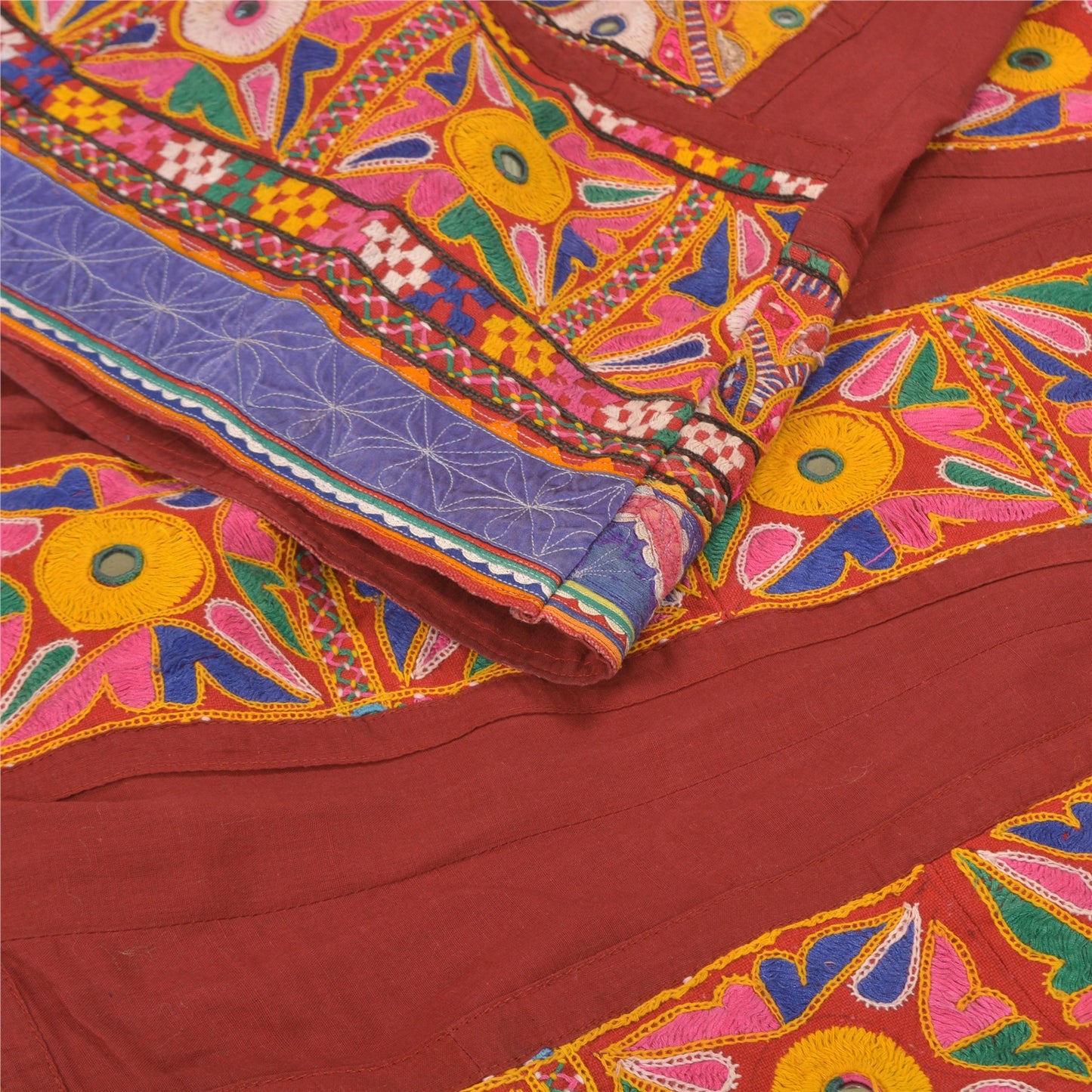 Sanskriti Vintage Red 100% Pure Cotton Skirt Stitched Handmade Kutch Work Gujrat
