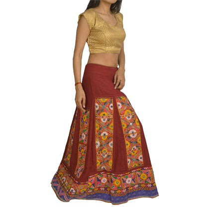 Sanskriti Vintage Red 100% Pure Cotton Skirt Stitched Handmade Kutch Work Gujrat