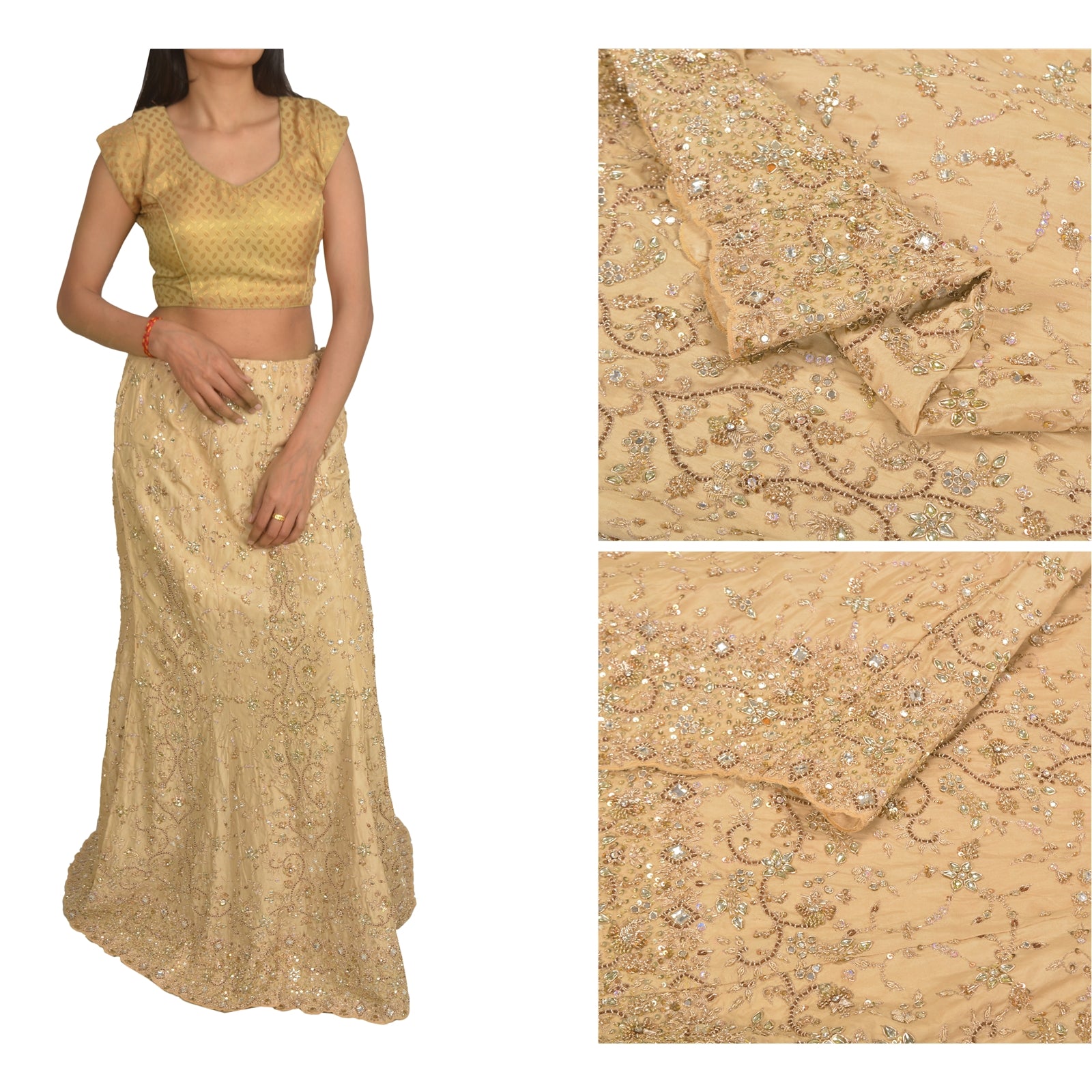 Sanskriti Vintage Bollywood Long Skirt Pure Silk Cream Handmade Stitched Zardozi