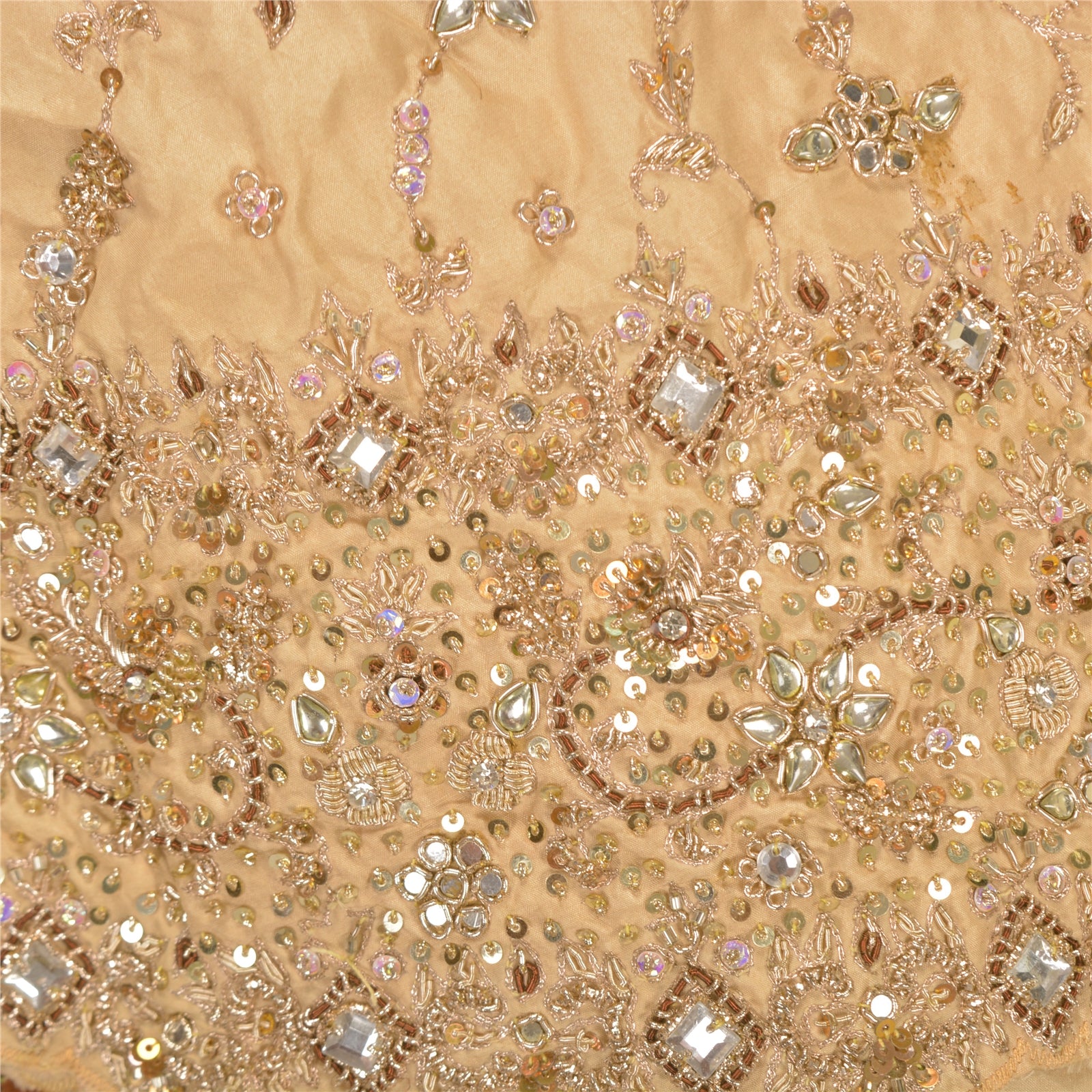 Sanskriti Vintage Bollywood Long Skirt Pure Silk Cream Handmade Stitched Zardozi