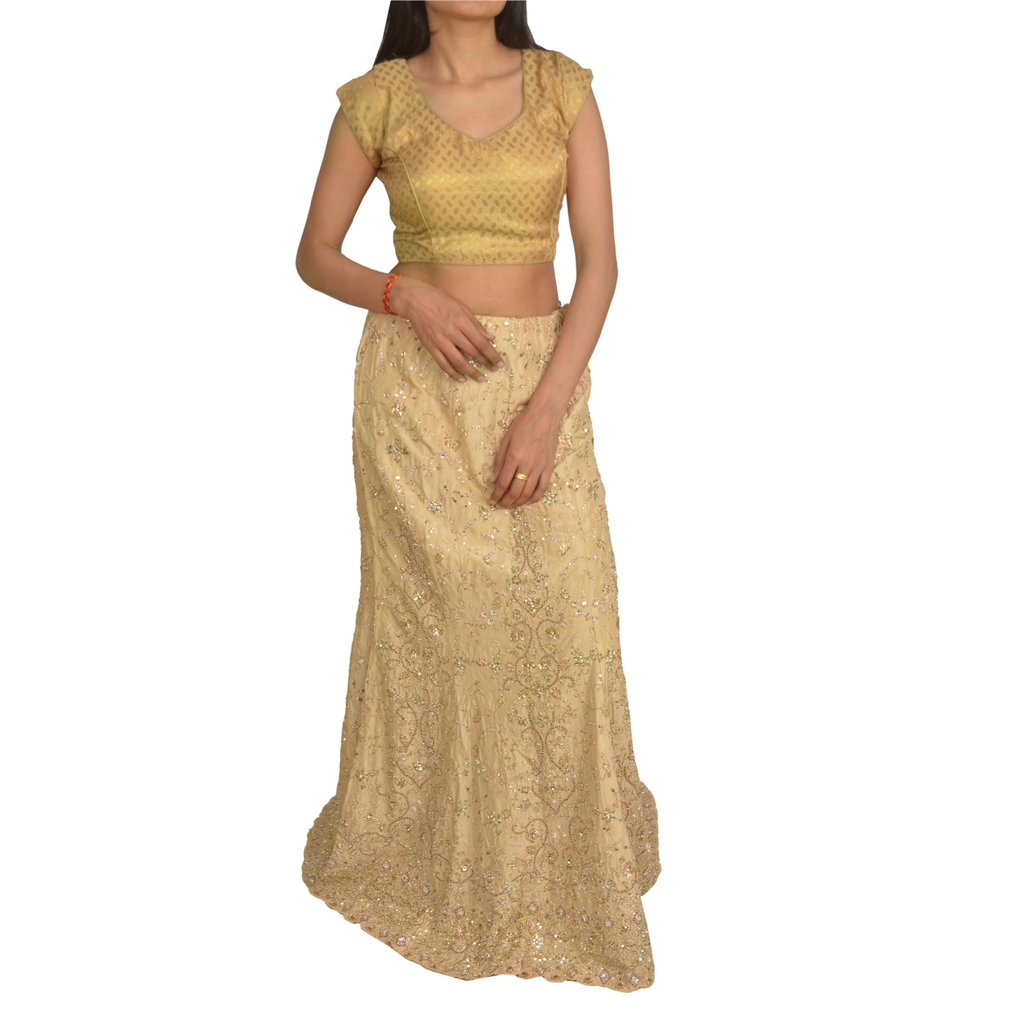 Sanskriti Vintage Bollywood Long Skirt Pure Silk Cream Handmade Stitched Zardozi