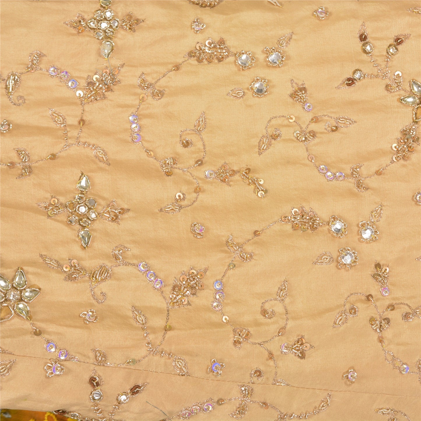 Sanskriti Vintage Bollywood Long Skirt Pure Silk Cream Handmade Stitched Zardozi