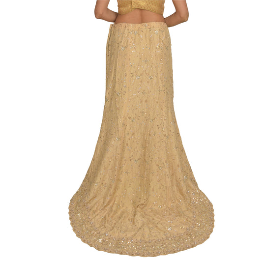 Sanskriti Vintage Bollywood Long Skirt Pure Silk Cream Handmade Stitched Lehenga