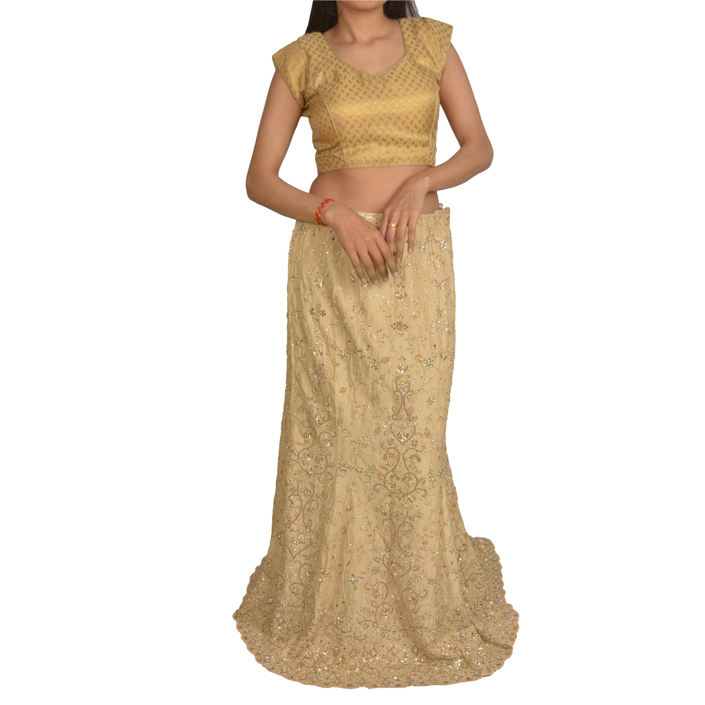 Sanskriti Vintage Bollywood Long Skirt Pure Silk Cream Handmade Stitched Lehenga