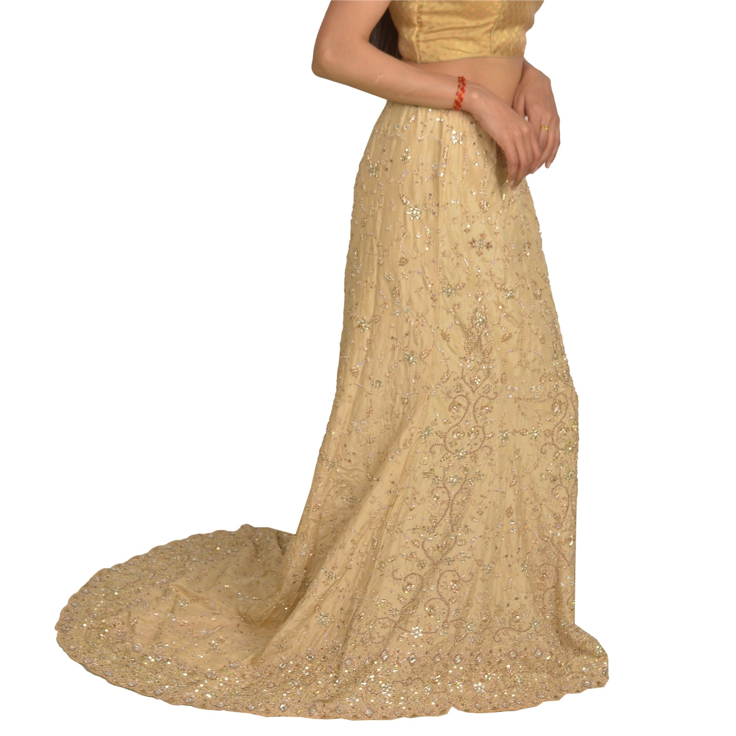 Sanskriti Vintage Bollywood Long Skirt Pure Silk Cream Handmade Stitched Zardozi