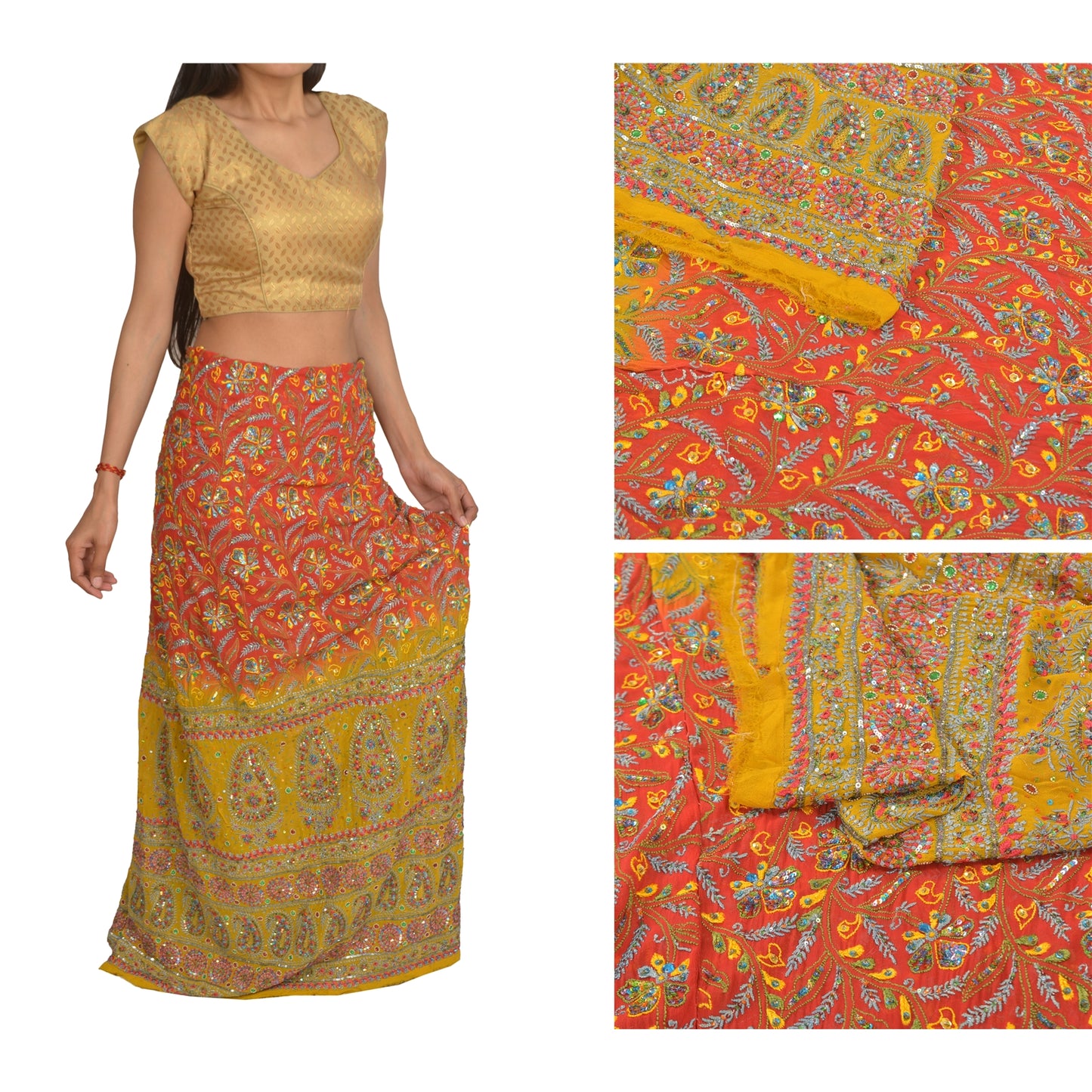 Sanskriti Vintage Long Skirt Pure Georgette Silk Chikankari Unstitched Lehenga