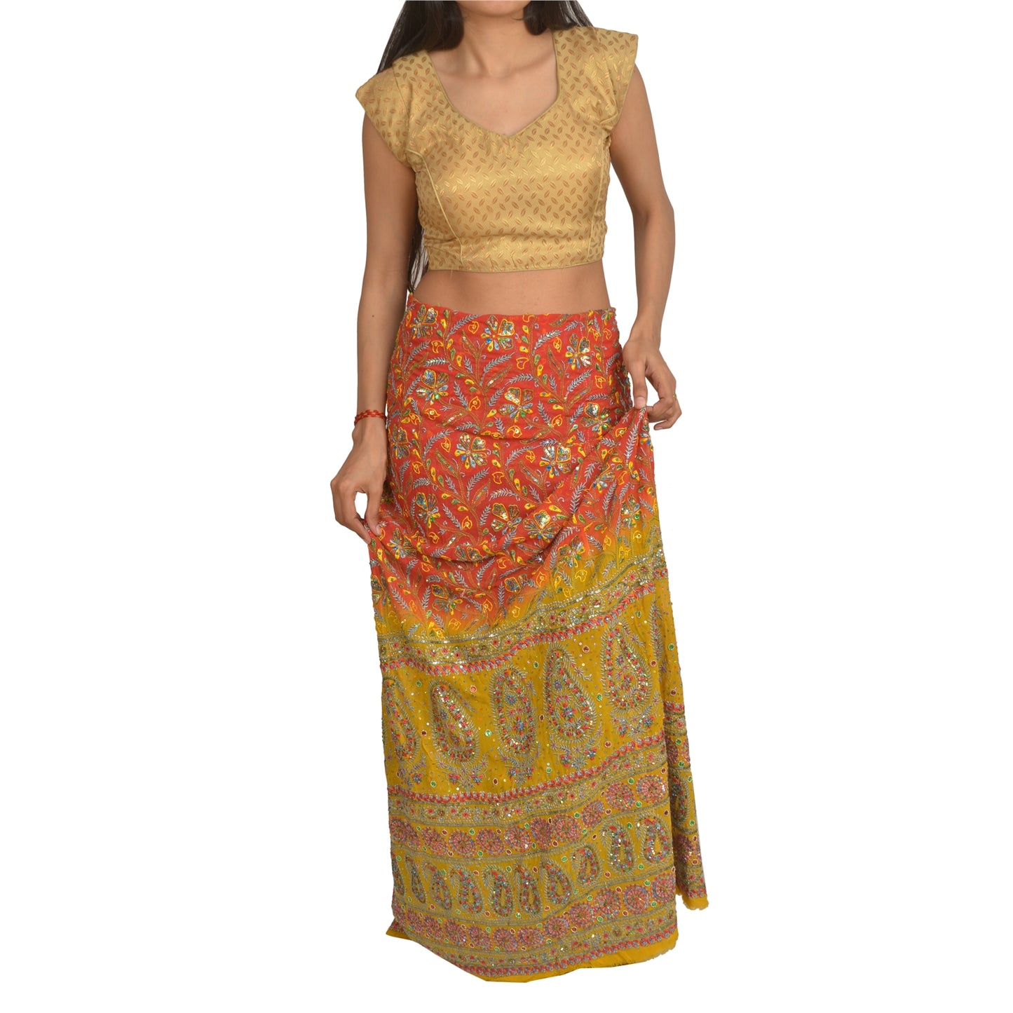 Sanskriti Vintage Long Skirt Pure Georgette Silk Chikankari Unstitched Lehenga