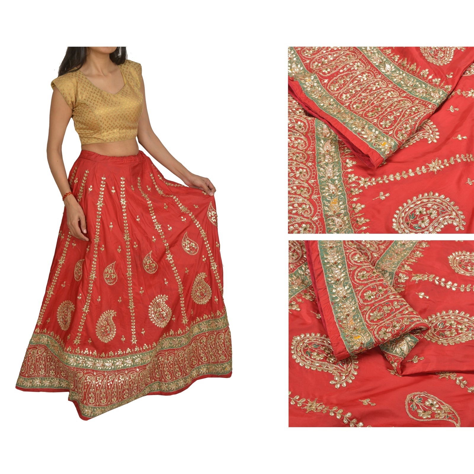 Sanskriti Vintage Wedding Long Skirt Pure Satin Silk Handmade Stitched Lehenga