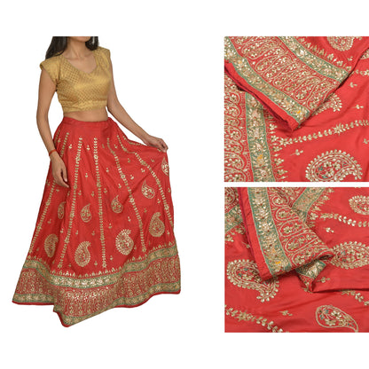 Sanskriti Vintage Wedding Long Skirt Pure Satin Silk Handmade Stitched Lehenga