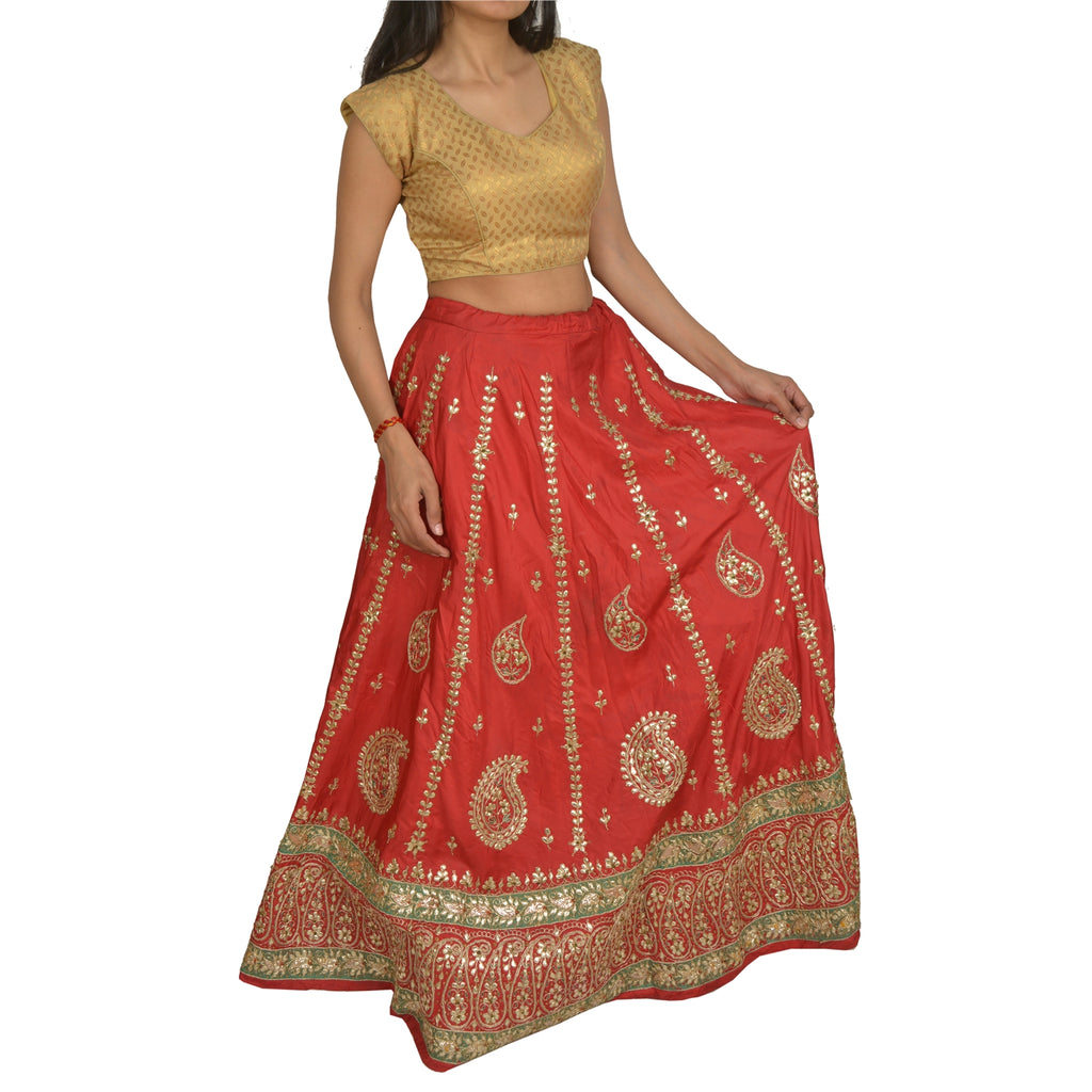 Sanskriti Vintage Wedding Long Skirt Pure Satin Silk Handmade Stitched Lehenga