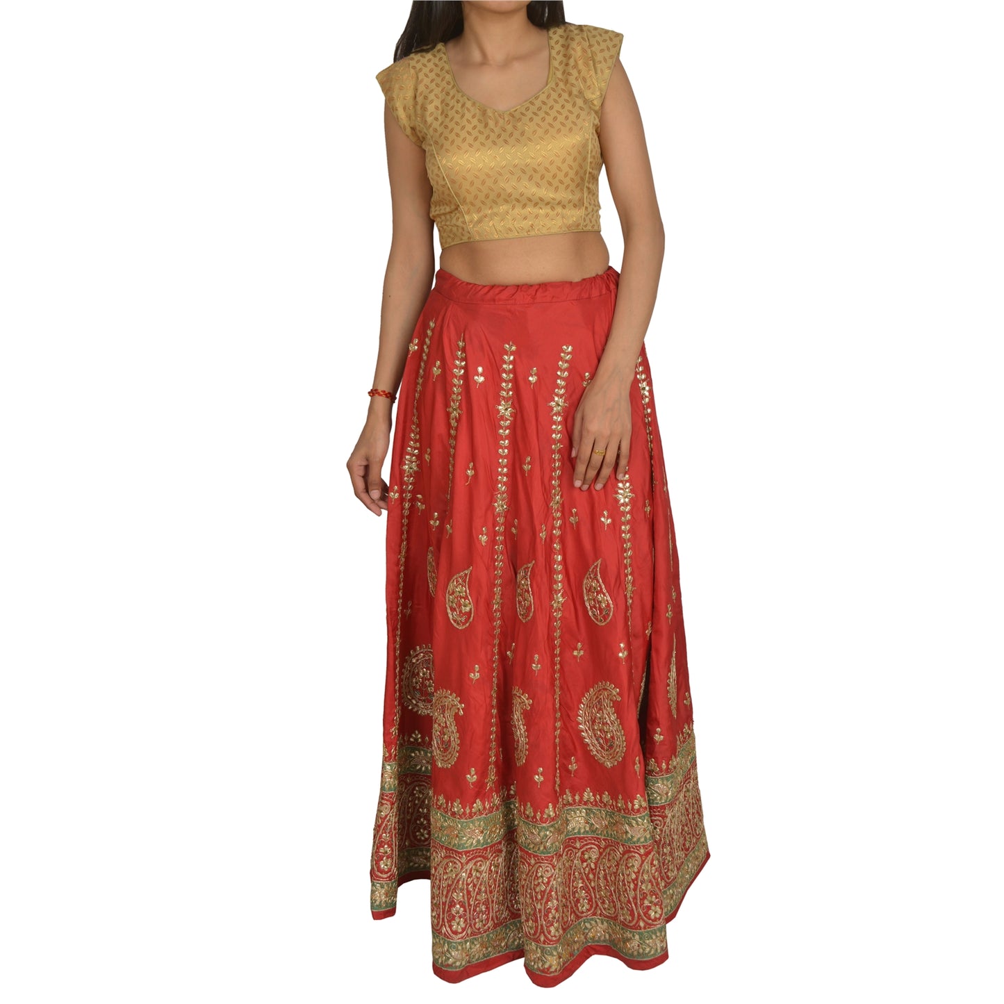 Sanskriti Vintage Wedding Long Skirt Pure Satin Silk Handmade Stitched Lehenga