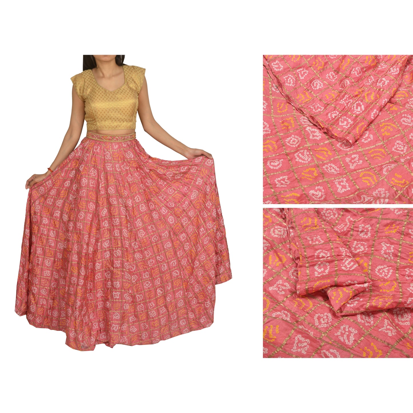 Sanskriti Vintage Long Skirt 100% Pure Silk Pink Bandhani Woven Stitched Lehenga