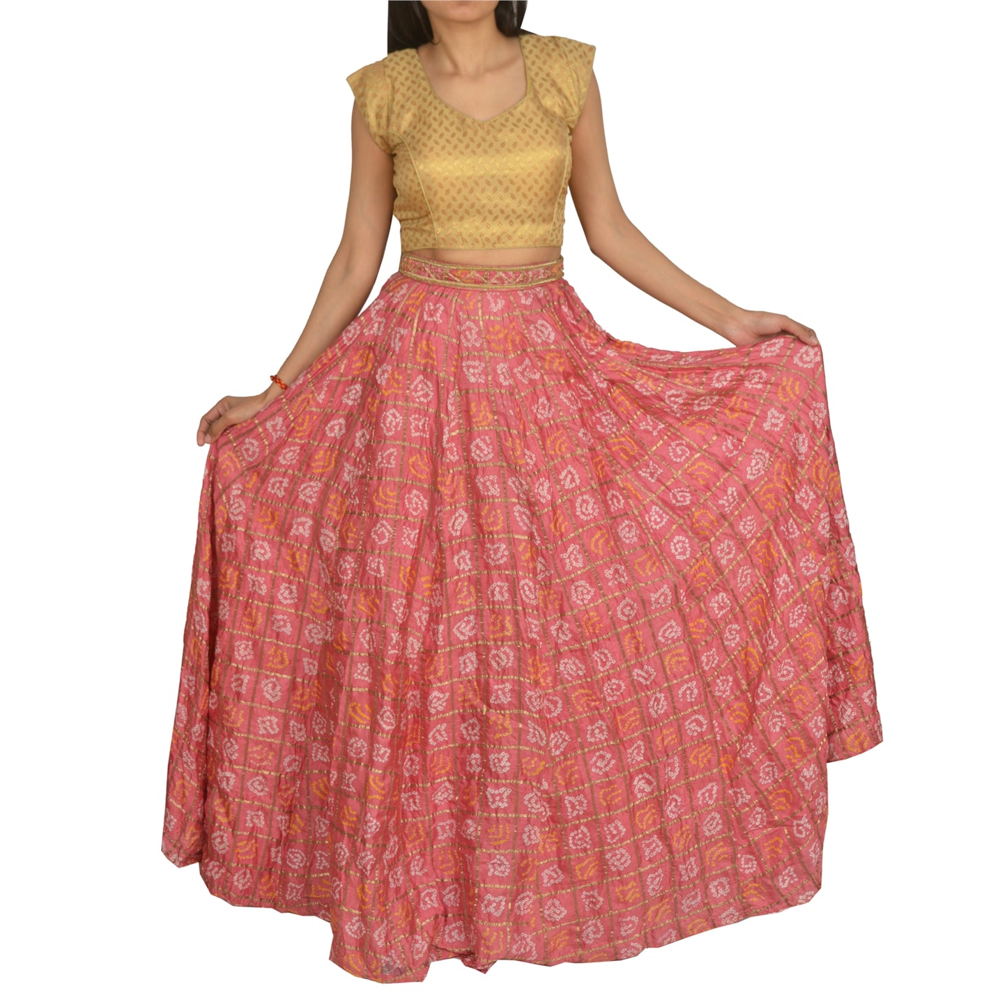 Sanskriti Vintage Long Skirt 100% Pure Silk Pink Bandhani Woven Stitched Lehenga