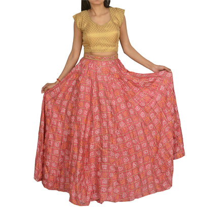 Sanskriti Vintage Long Skirt 100% Pure Silk Pink Bandhani Woven Stitched Lehenga
