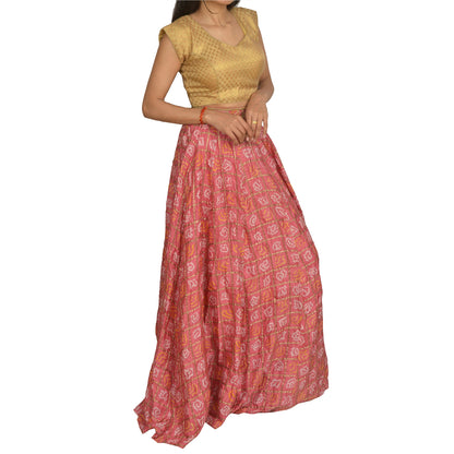 Sanskriti Vintage Long Skirt 100% Pure Silk Pink Bandhani Woven Stitched Lehenga