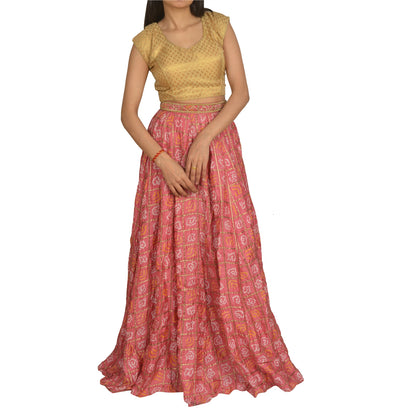 Sanskriti Vintage Long Skirt 100% Pure Silk Pink Bandhani Woven Stitched Lehenga