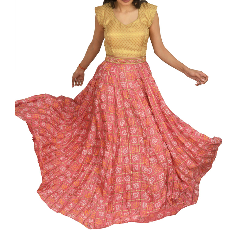 Sanskriti Vintage Long Skirt 100% Pure Silk Pink Bandhani Woven Stitched Lehenga