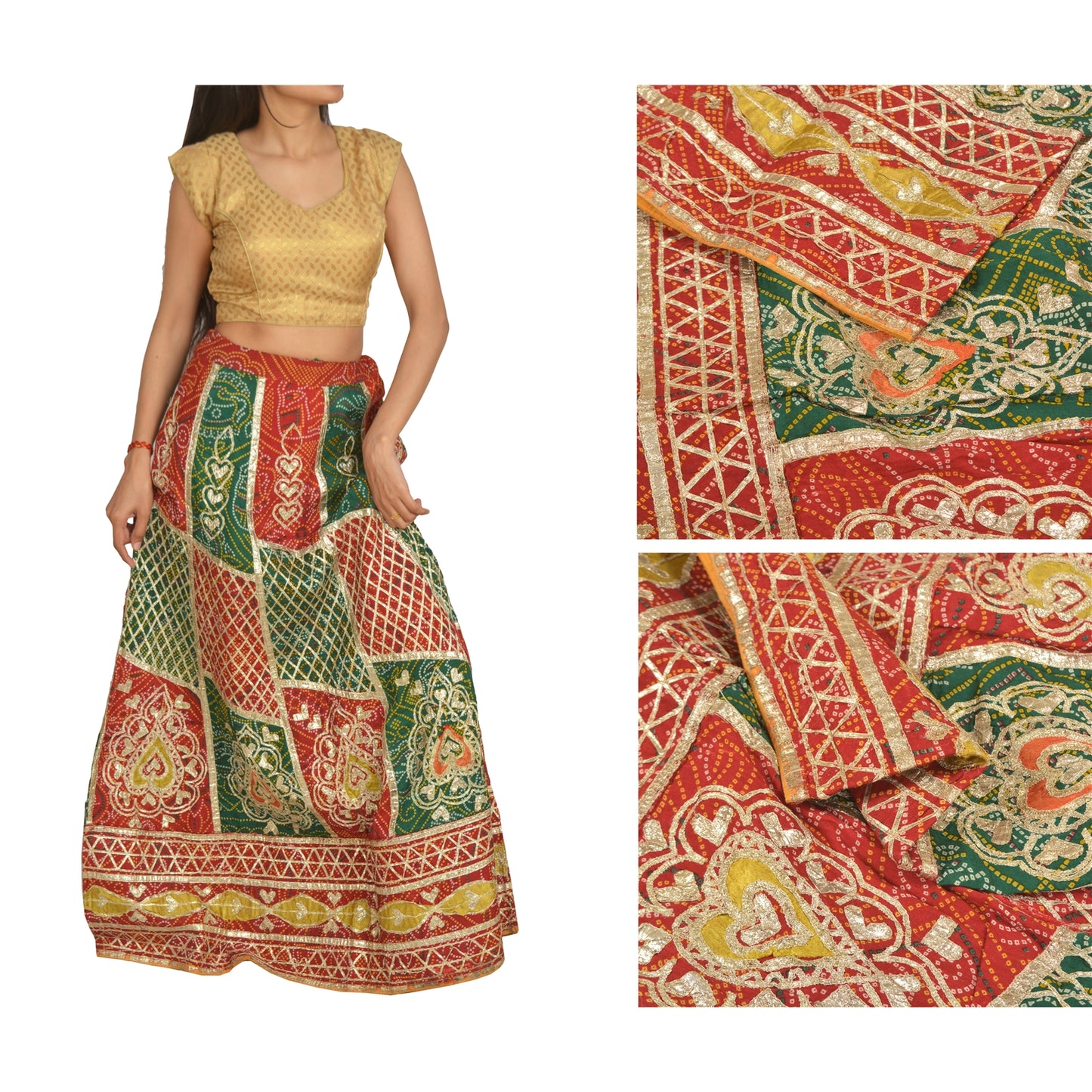Sanskriti Vintage Long Skirt Pure Cotton Bandhani Printed Stitched Gota Lehenga