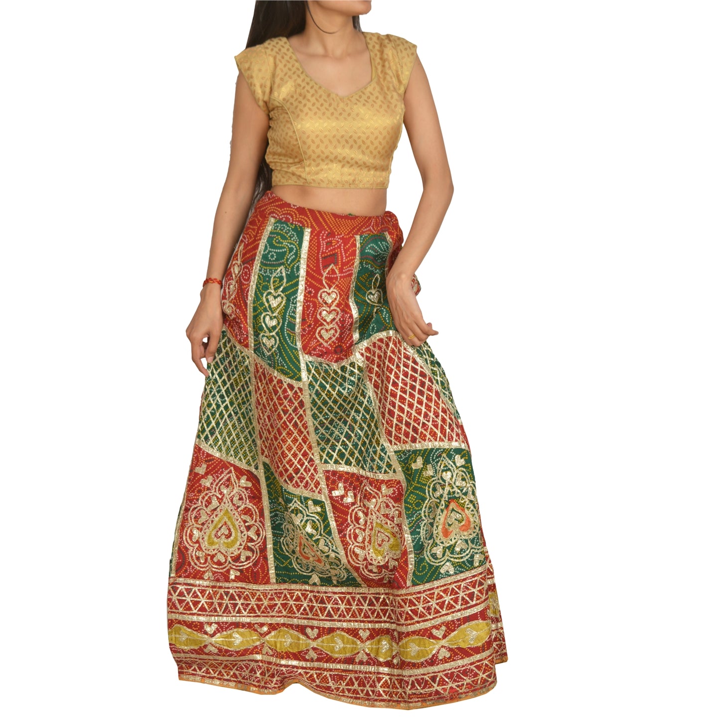 Sanskriti Vintage Long Skirt Pure Cotton Bandhani Printed Stitched Gota Lehenga
