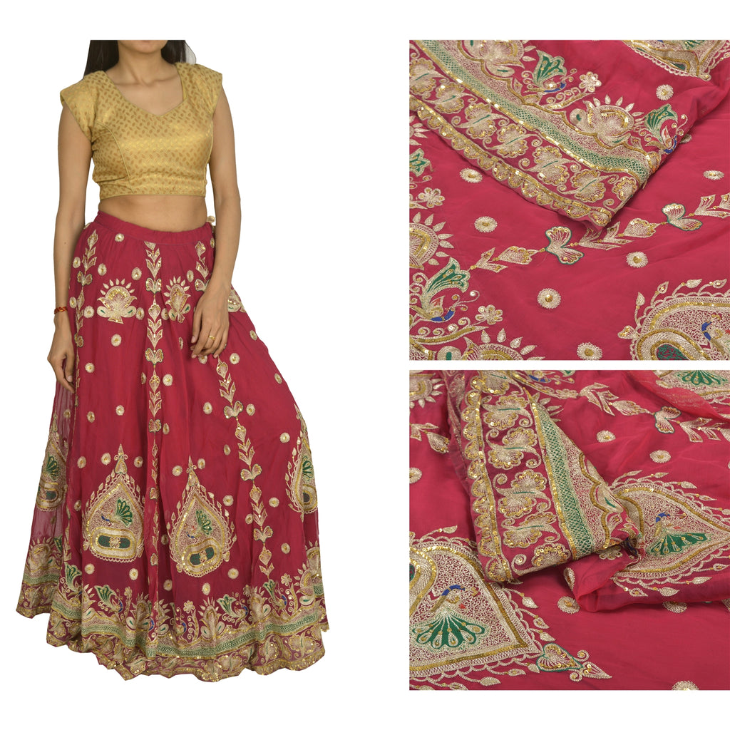 Sanskriti Vintage Rani Pink Pure Georgette Silk Skirt Unstitched Handmade Zardoz