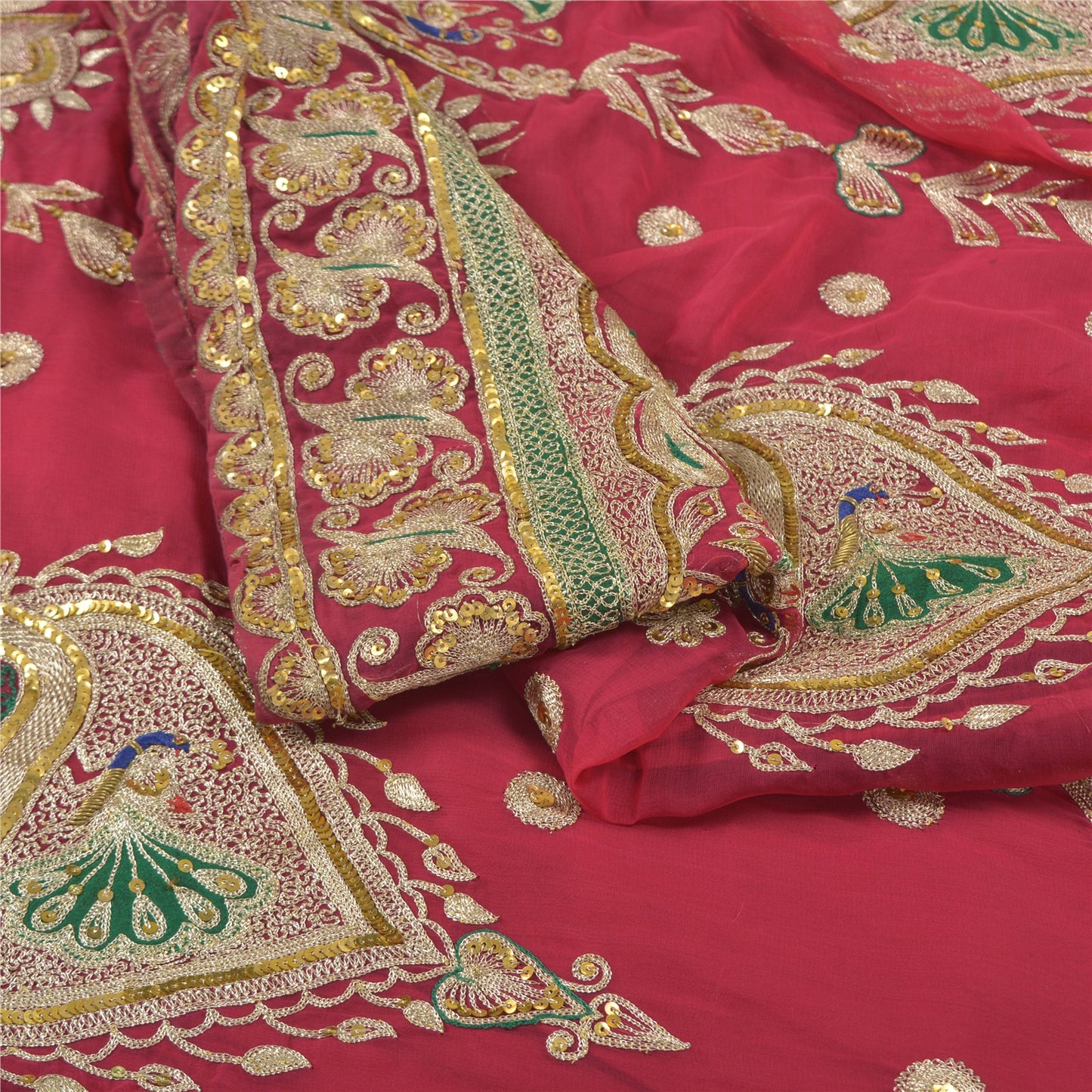 Sanskriti Vintage Rani Pink Pure Georgette Silk Skirt Unstitched Handmade Zardoz