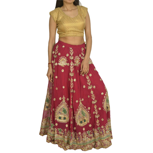 Sanskriti Vintage Rani Pink Pure Georgette Silk Skirt Unstitched Handmade Zardoz