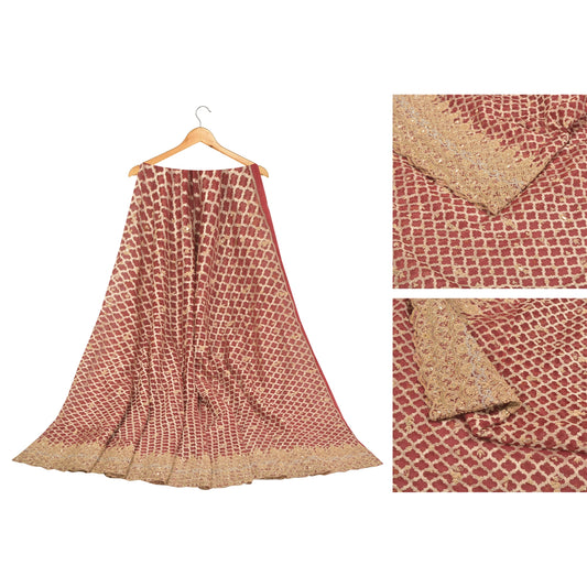 Sanskriti Vintage Long Skirt Pure Silk Red Hand Beaded Woven Unstitched Lehenga