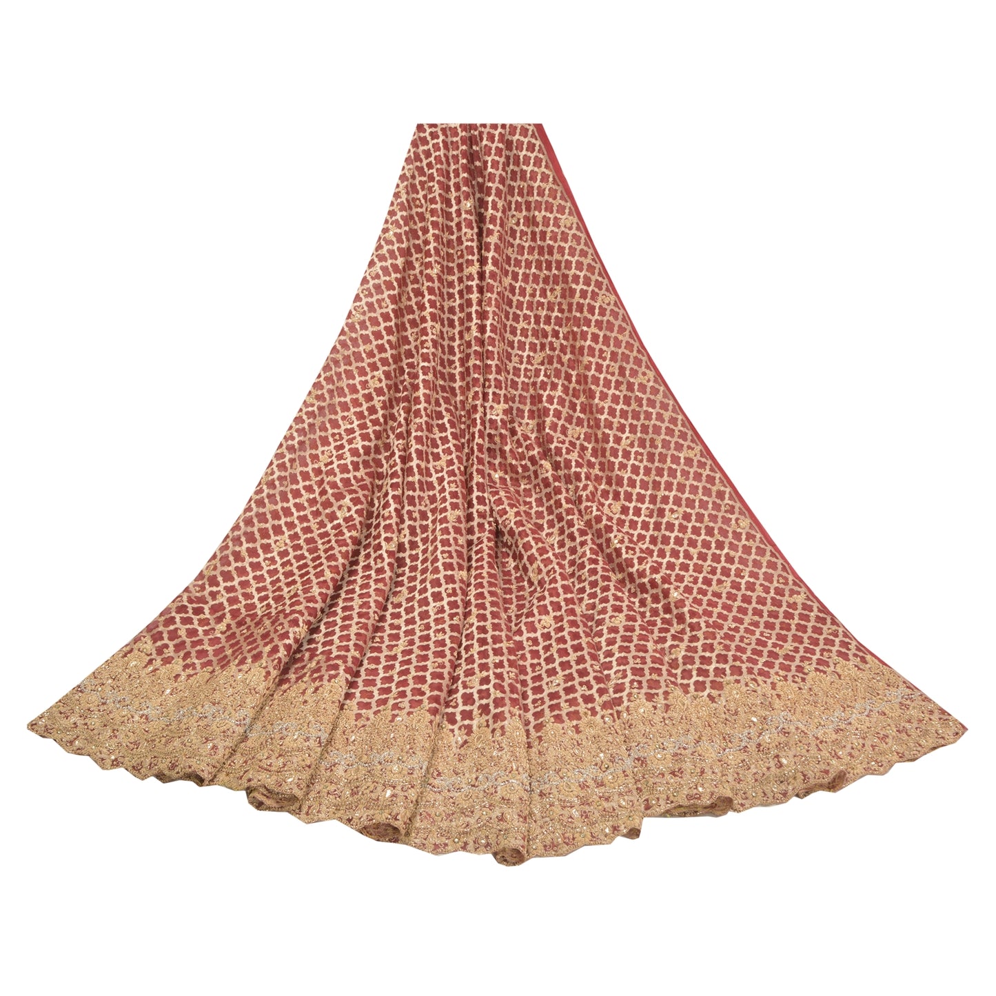 Sanskriti Vintage Long Skirt Pure Silk Red Hand Beaded Woven Unstitched Lehenga