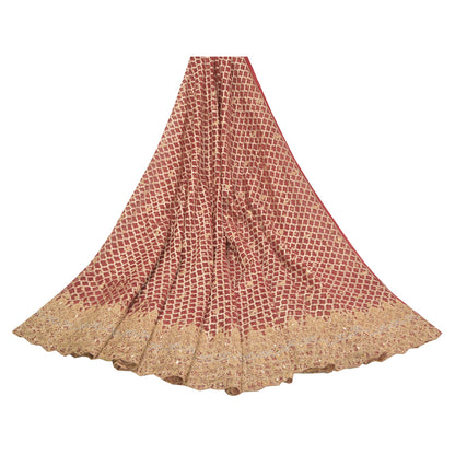 Sanskriti Vintage Long Skirt Pure Silk Red Hand Beaded Woven Unstitched Lehenga