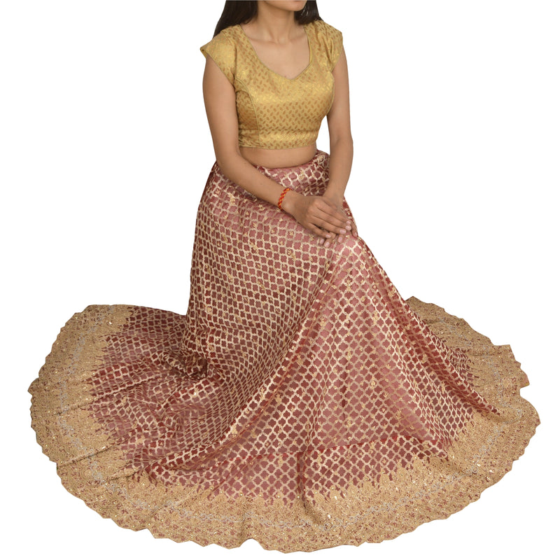 Sanskriti Vintage Long Skirt Pure Silk Red Hand Beaded Woven Unstitched Lehenga