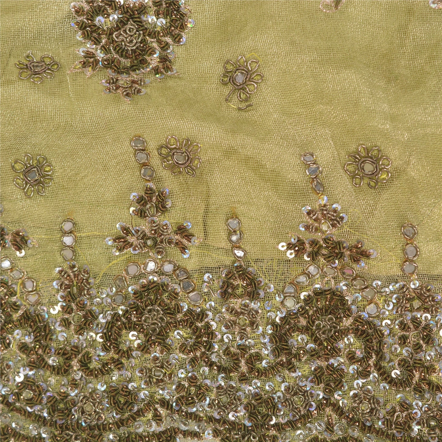 Sanskriti Vintage Long Skirt Net Golden Green Hand Bead Zardozi Stitched Lehenga