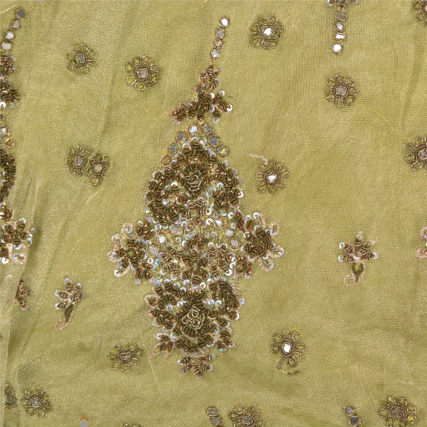 Sanskriti Vintage Long Skirt Net Golden Green Hand Bead Zardozi Stitched Lehenga