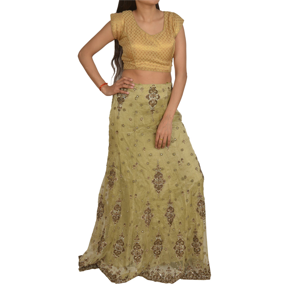 Sanskriti Vintage Long Skirt Net Golden Green Hand Bead Zardozi Stitched Lehenga
