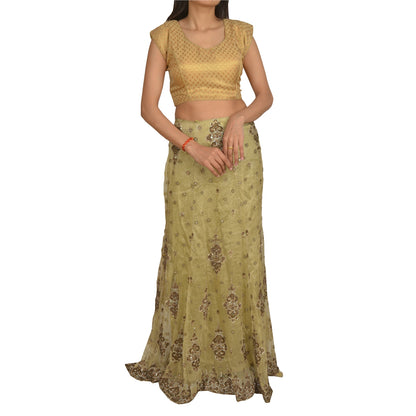 Sanskriti Vintage Long Skirt Net Golden Green Hand Bead Zardozi Stitched Lehenga