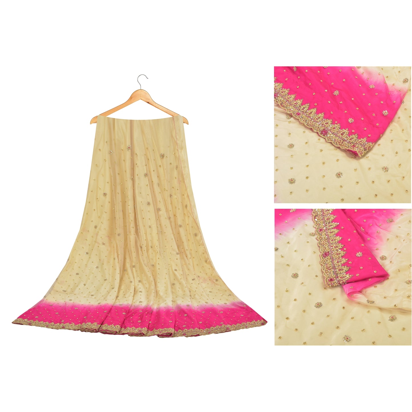 Sanskriti Vintage Long Skirt Net Mesh Pink/Ivory Hand Beaded Unstitched Lehenga