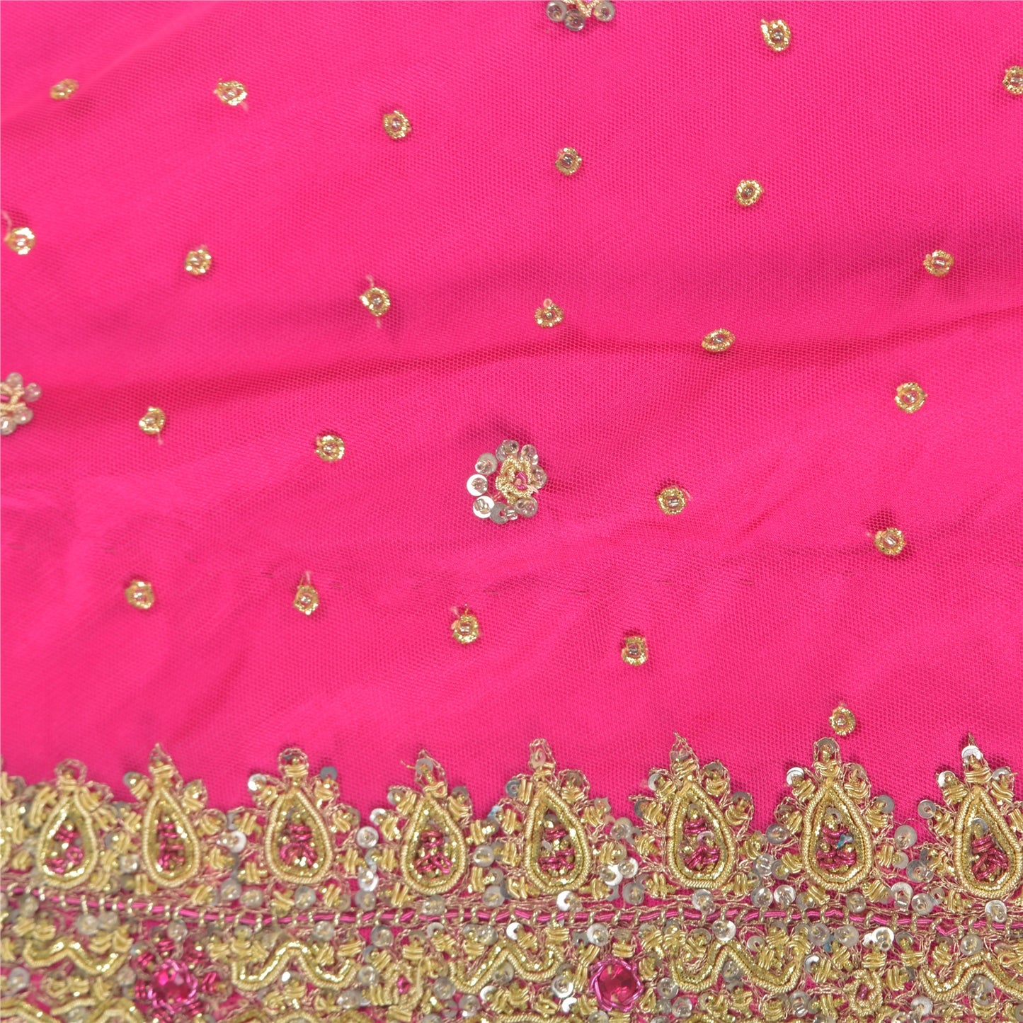 Sanskriti Vintage Long Skirt Net Mesh Pink/Ivory Hand Beaded Unstitched Lehenga