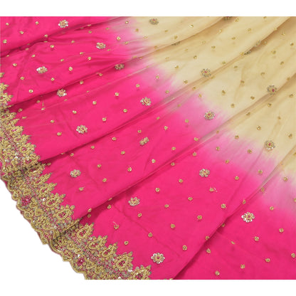 Sanskriti Vintage Long Skirt Net Mesh Pink/Ivory Hand Beaded Unstitched Lehenga