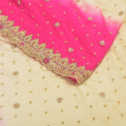 Sanskriti Vintage Long Skirt Net Mesh Pink/Ivory Hand Beaded Unstitched Lehenga