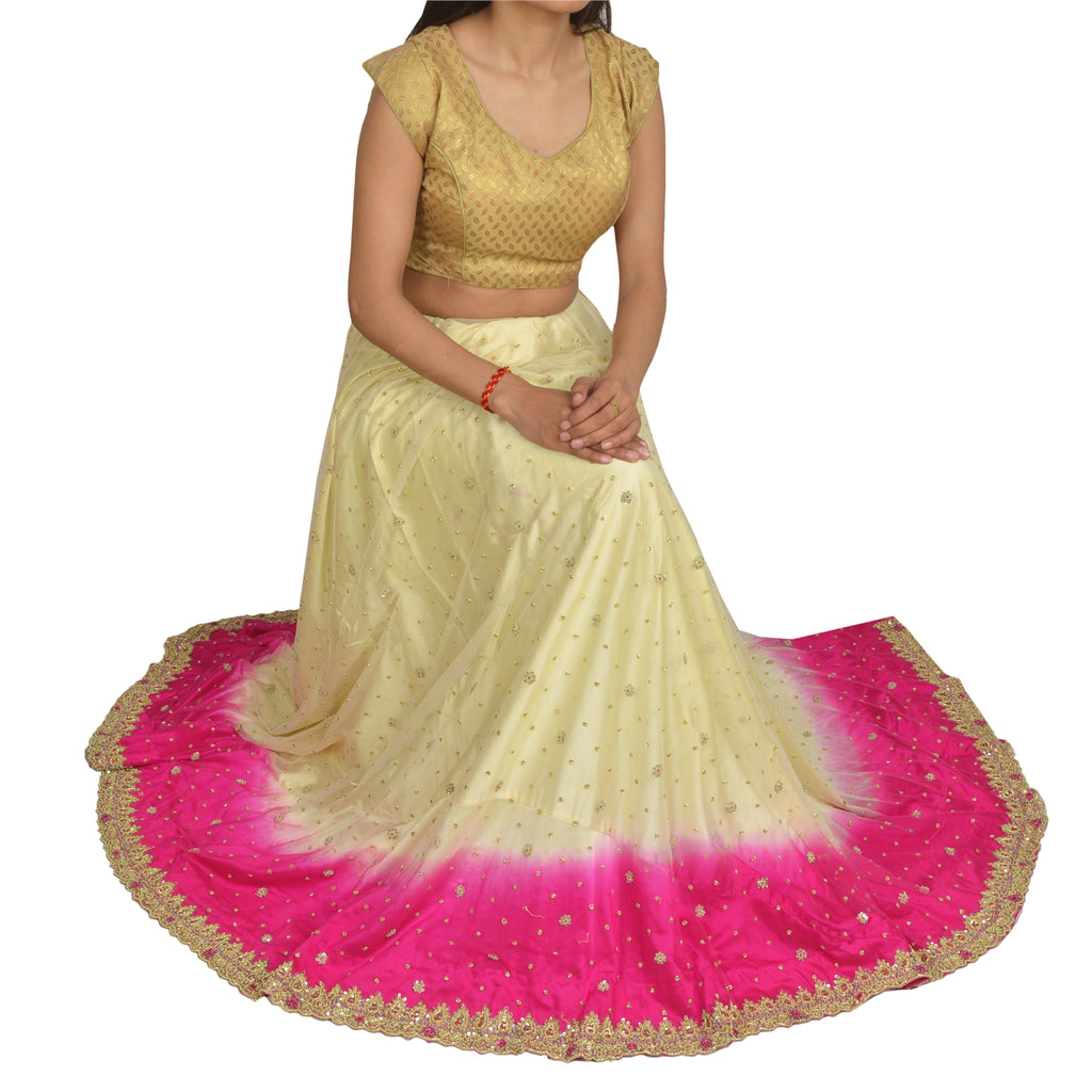 Sanskriti Vintage Long Skirt Net Mesh Pink/Ivory Hand Beaded Unstitched Lehenga