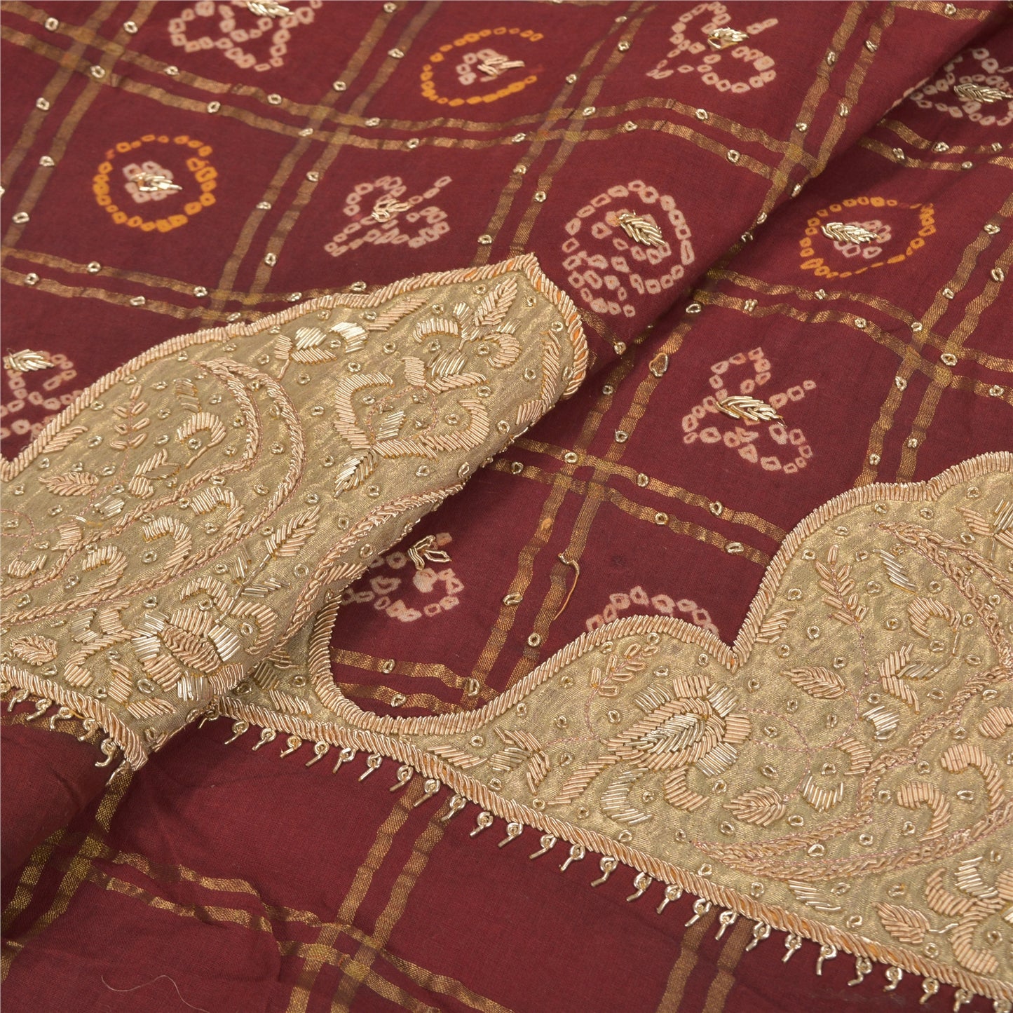 Sanskriti Vintage Long Skirt Pure Cotton Hand Beaded Bandhani Unstitched Lehenga
