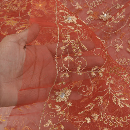Sanskriti Vintage Orange Net Mesh Long Skirt Unstitched Hand Beaded Bollywood