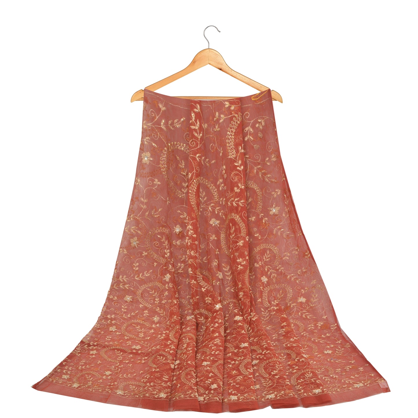 Sanskriti Vintage Orange Net Mesh Long Skirt Unstitched Hand Beaded Bollywood