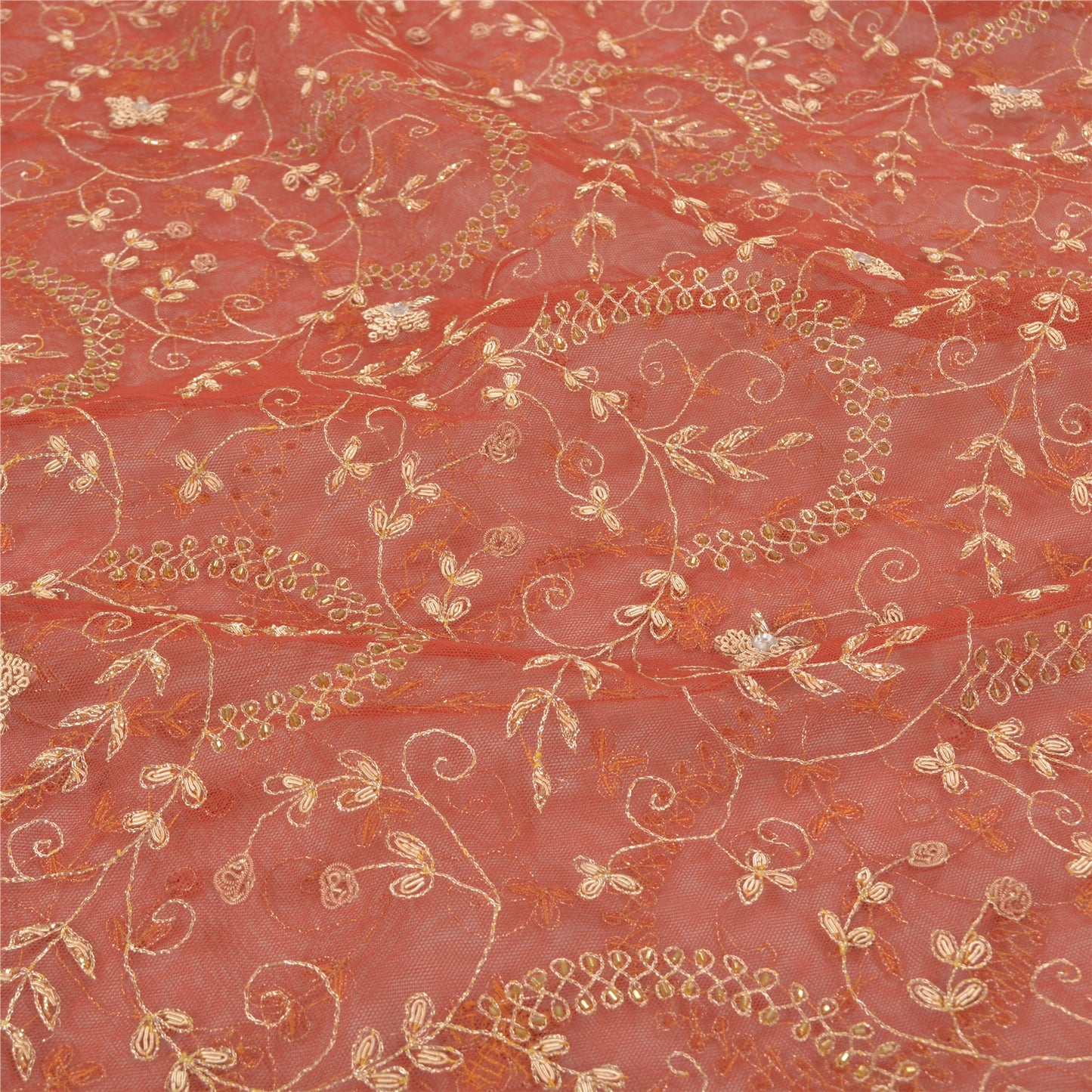 Sanskriti Vintage Orange Net Mesh Long Skirt Unstitched Hand Beaded Bollywood