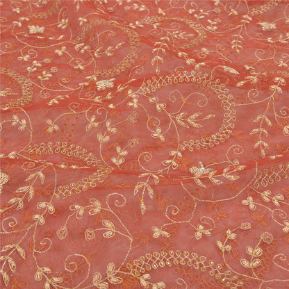 Sanskriti Vintage Orange Net Mesh Long Skirt Unstitched Hand Beaded Bollywood